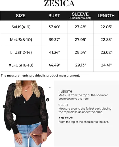 Miniatura 5 de ZESICA Women's 2023 Fall V Neck Lace Patchwork Solid Color Long Sleeve Casual Knit Pullover Sweater Tops