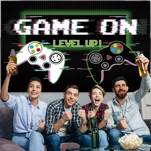 Miniatura 3 de Telón de fondo de videojuegos de 7 x 5 pies, accesorios de fotografía de juego sobre fondo, pancarta de fotos de feliz cumpleaños para fanáticos