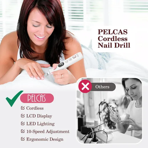 Miniatura 3 de PELCAS Lima de uñas eléctrica, taladro de uñas inalámbrico de 10 velocidades con luz LED, kit portátil de manicura y pedicura, molinillo de uñas