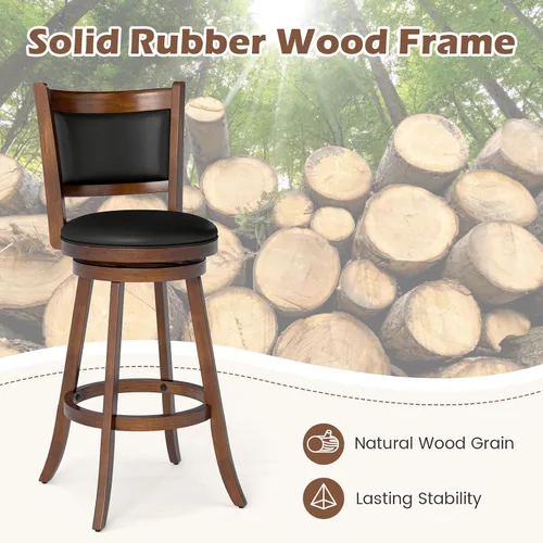 Miniatura 7 de COSTWAY Juego de 2 taburetes de bar, giratorios de 360 grados, taburete giratorio de madera con acento de altura, diseño tapizado de cuero, asiento
