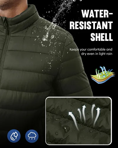 Miniatura 3 de WHN Chaqueta acolchada para hombre, ligera, impermeable, resistente al viento, cuello alto, con cremallera completa, con 3 bolsillos
