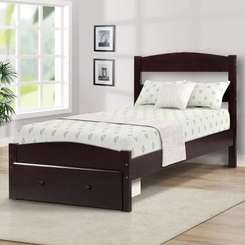 Merax. WF186776 - Marco de madera para cama individual con almacenamiento, cabecero, soporte de listones de madera (espresso)