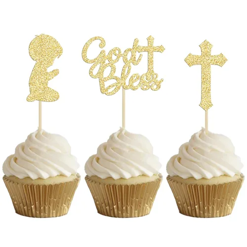 Miniatura 13 de Gyufise 24 piezas de decoración de cupcakes con purpurina azul que Dios bendiga y cruz, decoración de pastel para baby shower, bautismo, fiesta