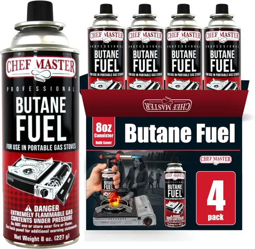 Chef Master 4 recipientes de combustible de butano de 8 onzas – Recambio de butano para antorcha de cocina y estufa de campamento – Recipiente de