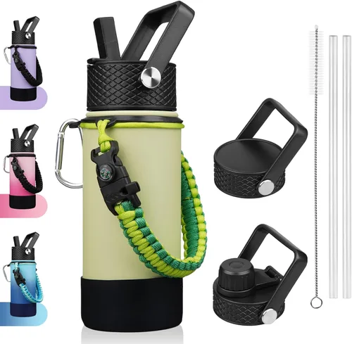 Miniatura 23 de BJPKPK - Botella de agua con tapa de popote, botellas de agua aisladas de 18 onzas con 3 tapas, asa de cuerda de paracaídas y base antideslizante