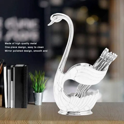 Miniatura 4 de Juego de cucharas de postre de café de metal con soporte, cisne para cucharas, base de cubiertos de frutas, organizador de 6 piezas de helado