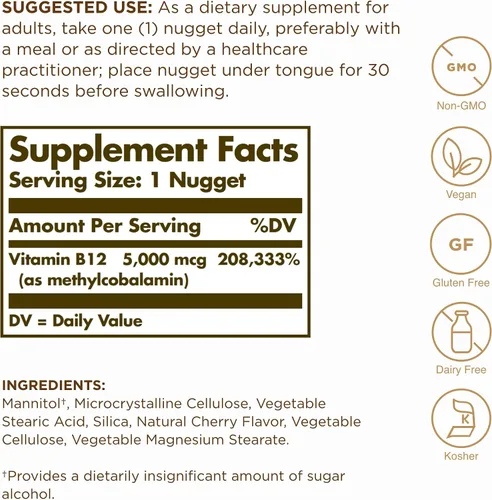 Miniatura 2 de Solgar Metilcobalamina (vitamina B12) 5000 mcg, 60 pepitas (paquete de 3) – Sabor a cereza – Apoya el metabolismo energético – Preparado
