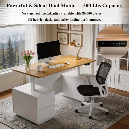 Miniatura 3 de SAINTCY Escritorio ejecutivo de 70.8 pulgadas con almacenamiento, moderno escritorio eléctrico de altura ajustable de color blanco, pedestales