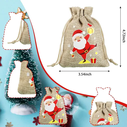 Miniatura 3 de Shappy 60 bolsas pequeñas de regalo de arpillera de Navidad para compañeros de trabajo, 8 estilos, mini bolsas de regalo de Navidad con cordón