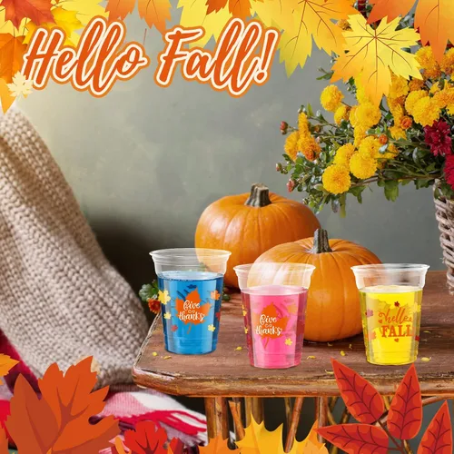 Miniatura 6 de Meanplan 100 vasos de plástico de Acción de Gracias a granel de 12 onzas, vasos desechables de otoño, hojas de calabaza, pavo, vasos transparentes