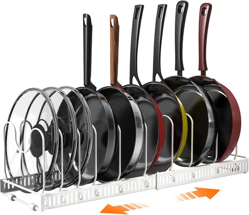 Miniatura 8 de Puricon Organizador expandible de ollas y sartenes para gabinete con 10 divisores, organizador de ollas y sartenes ajustables, estante para tapa