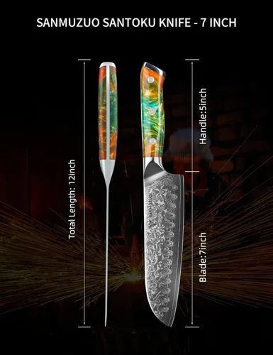 Miniatura 4 de Santoku Cuchillo de 7 pulgadas - Serie Xuan - Cuchillo de cocina de acero Damasco VG10 - Mango de resina (naranja fantasía)