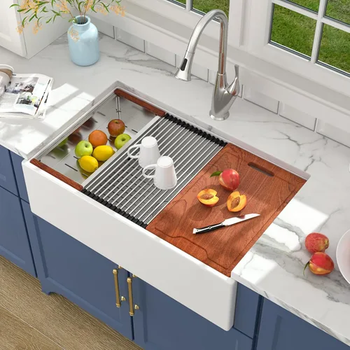 Miniatura 21 de Lordear Fregadero de Cocina Estilo Granja de 36 Pulgadas Blanco de Arcilla Refractaria Porcelana Cerámica Tazón Único Frente de Delantal Fregadero