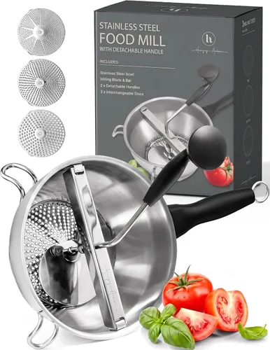 Molino de alimentos de acero inoxidable con asas desmontables – Molino de manivela para comida de bebé, salsa de tomate y puré de papas – Incluye 3