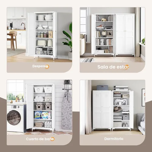 Miniatura 5 de Yizosh Armario de almacenamiento de metal con 2 puertas y 4 estantes ajustables, 61 pulgadas, color blanco, despensa de cocina, 5 niveles de alto