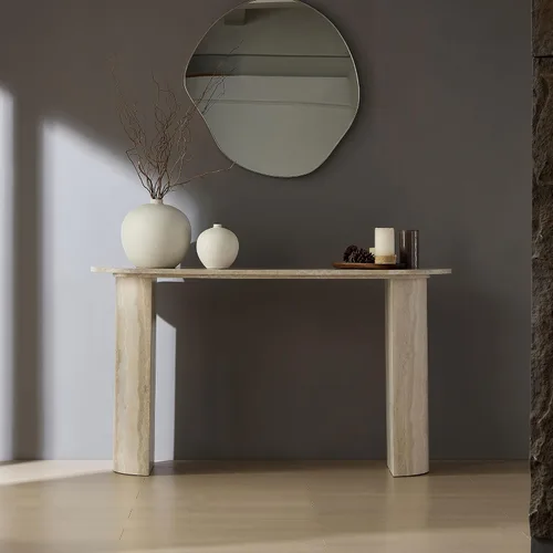 Miniatura 15 de Mesa consola de 57 pulgadas para entrada, moderna mesa de sofá, mesa de sofá rústica con diseño de patas cruzadas, mesa de chapa de acacia