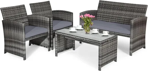 Miniatura 8 de HAPPYGRILL Juego de 4 piezas para conversación de patio con cojines suaves, juego de muebles de ratán con mesa de centro de mimbre de polietileno
