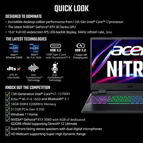 Miniatura 6 de acer Nitro 5 AN515-58-725A - Laptop para juegos Intel Core i7-12700H GPU NVIDIA GeForce RTX 3060 Pantalla IPS FHD de 15.6 pulgadas 144Hz 3ms