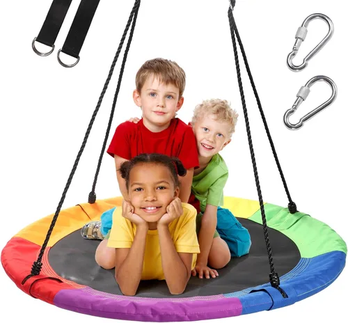 Columpio de árbol de platillo de 40 pulgadas para niños, columpio redondo al aire libre con correas para colgar y cuerdas ajustables, fácil montaje