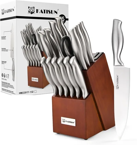 Miniatura 10 de Juego de cuchillos de cocina de 15 piezas con afilador integrado, juego de bloques de cuchillos de acero inoxidable alemán, apto para lavavajillas