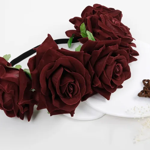 Miniatura 3 de WOVOWOVO Diademas florales de corona de rosas oscuras para mujer, diadema de rosas falsas rojas para festivales, Halloween, cosplay, disfraces