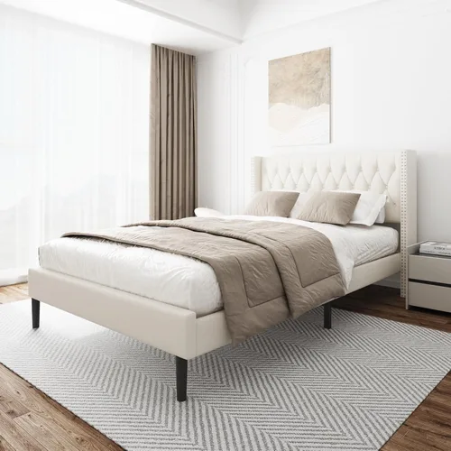Miniatura 6 de HAOARA Base de cama de tamaño matrimonial, plataforma tapizada con cabecera con respaldo de ala, botón de terciopelo, fácil montaje, no necesita