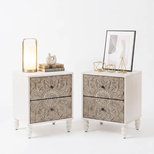Miniatura 12 de SUNBURY Juego de 2 mesitas de noche vintage, mesa de noche pequeña de madera con cajón y estante abierto, mesa auxiliar de acento shabby para sala