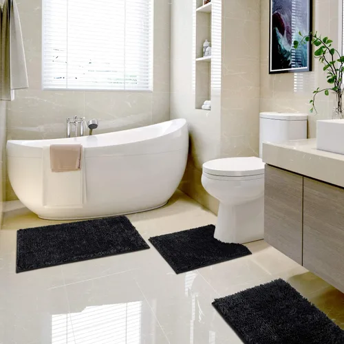 Miniatura 2 de HOMEIDEAS Juego de alfombras de baño negras de 3 piezas, alfombras y tapetes de felpilla de mantequilla, peludos, absorbentes, antideslizantes