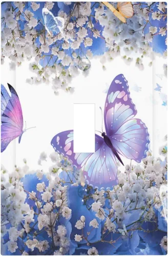 Miniatura 15 de Cubierta de interruptor de luz de 3 cuadrillas con diseño de flores azules púrpuras, cubierta de placa de pared de triple palanca, arbustos florales