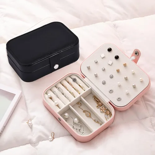 Miniatura 7 de Organizador de joyas, organizador de joyas de viaje, de piel sintética, portátil, caja de almacenamiento de joyas para mujeres y niñas, aretes