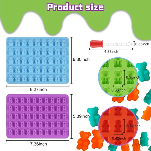 Miniatura 2 de Dos tamaños diferentes de moldes de gomitas de oso, juego de 4 moldes antiadherentes de silicona para chocolate con 2 cuentagotas