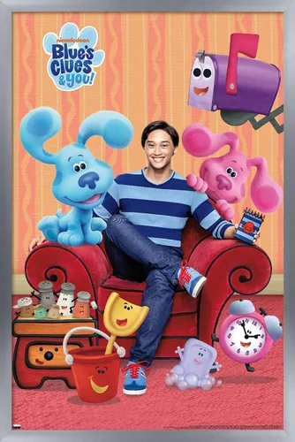 Miniatura 14 de Nickelodeon Blue's Clues - Póster de pared grupal, 22.4 pulgadas de largo x 14.7 pulgadas de ancho, versión enmarcada de madera de granero