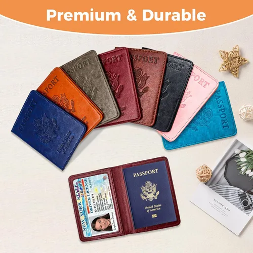 Miniatura 6 de Soporte para pasaporte para artículos esenciales de viaje, con bloqueo RFID, funda para tarjetas, funda de piel sintética para pasaporte
