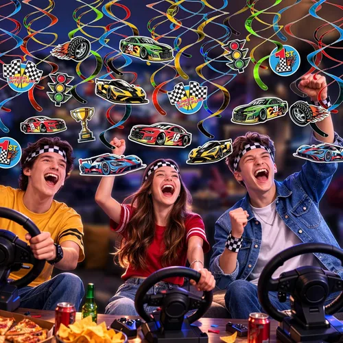 Miniatura 7 de HonuGoGo Kit de decoración de fiesta de cumpleaños de coche de carreras, 26 espirales colgantes con temática de carreras, carteles y recortes