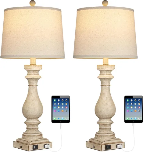 Miniatura 10 de Rinweey - Lámpara de mesa de granja de 29" para sala de estar, lámpara de mesita de noche vintage con puertos USB C+A y salida de AC, lámpara