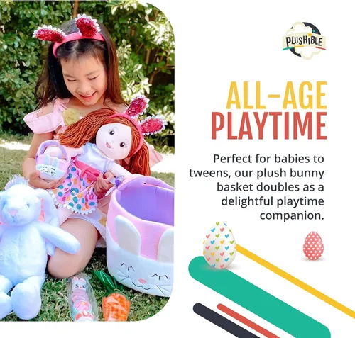 Miniatura 4 de Cesta de Pascua de conejo de peluche para la primera Pascua del bebé, bolsa de regalo bordada suave para bebé niña o niño, adorable diseño de conejo