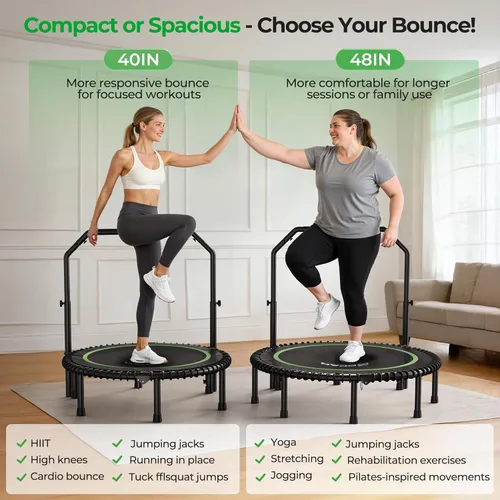 Miniatura 8 de BCAN BT2 - Mini trampolín de rebote de 450/550 libras para adultos con barra, trampolín de fitness con cuerdas elásticas, mango ajustable, estable
