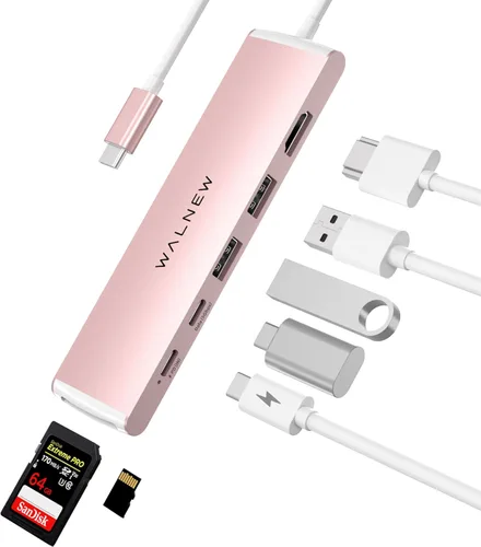 Miniatura 11 de Hub USB C, WALNEW 7 en 1, estación de acoplamiento USB-C con HDMI 4K, 100 W PD, 3 puertos de datos de 5 Gbps (1 USBC y 2 USB 3.0), lector de Gris