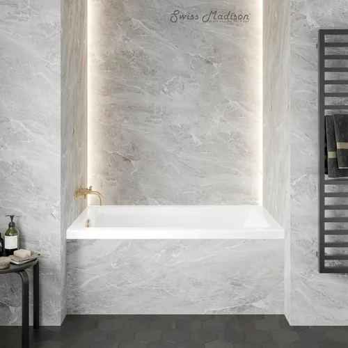 Miniatura 6 de Swiss Madison Voltaire - Bañera independiente de acrílico brillante color blanco de 54" x 30", con nicho, desagüe integral en el lado izquierdo