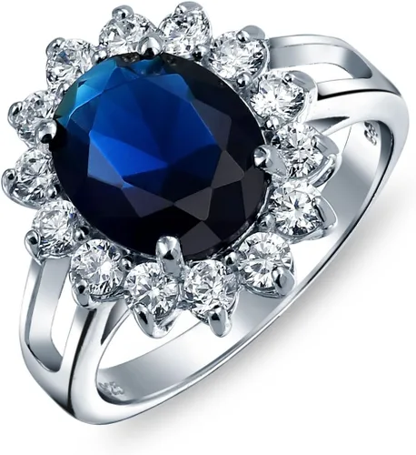 Miniatura 18 de Anillo de compromiso de plata de ley 925 personalizable con halo de corona ovalada de 5 a 7 quilates con circonita cúbica simulada de zafiro azul
