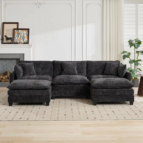 Miniatura 3 de Sofá seccional modular negro de 111.5 pulgadas, 3 plazas, sofás seccionales grandes para sala de estar, sofá nube de tela chenille de gran