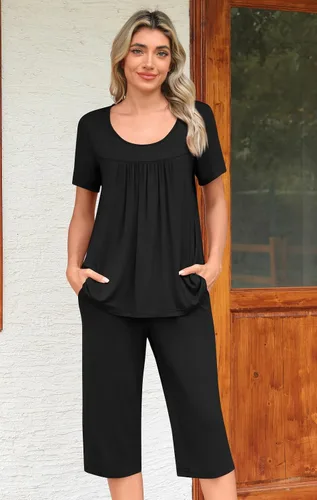 Miniatura 2 de POPYOUNG Conjunto de pijama de verano para mujer, 2 piezas, ropa de descanso, capri con bolsillos, ropa de dormir