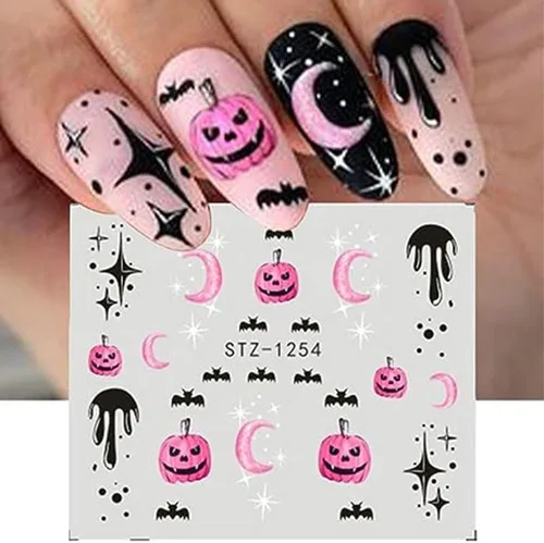 Miniatura 4 de Calcomanías de arte de uñas de Halloween, calcomanías de transferencia de agua, 12 unidades, calabaza, esqueleto, araña, fantasma, hoja de arce