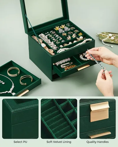 Miniatura 5 de SONGMICS Joyero organizador con tapa de cristal, almacenamiento de joyas de 4 capas, con 3 cajones, estilo moderno, regalo de Navidad, 8 x 9.1 x 6.5