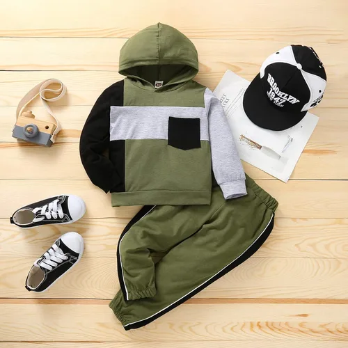 Miniatura 2 de itkidboy Conjunto de 2 piezas de ropa de bebé niño con capucha y sudadera con bloques de color + pantalones