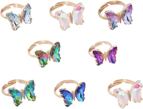 8 anillos de mariposa 3D chapados en oro, acrílicos, ajustables, de colores, con forma de lazo, para mujeres y niñas, joyería de dedo, Metal