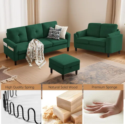 Miniatura 5 de Juego de 2 sofás, sofá de 3 plazas con otomana y sofá cama con reposapiés, conjuntos de sofás para sala de estar/apartamento/oficina, Verde