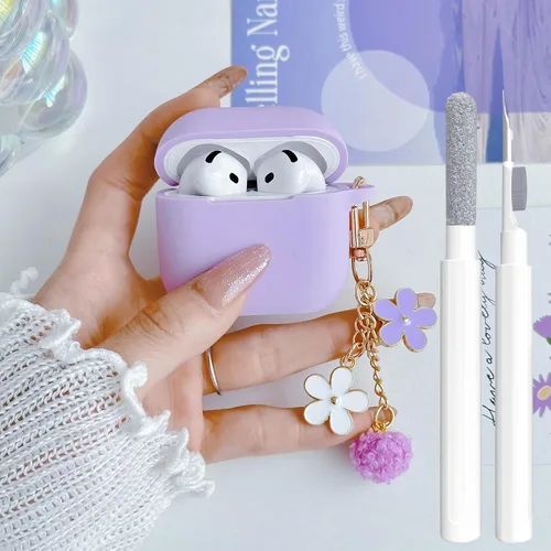 Miniatura 16 de Bonita funda negra para Airpods de 2ª/1ª generación para niñas y mujeres, con llavero de pompón de flores y kit de limpieza, funda protectora tipo