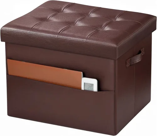 Miniatura 16 de Bsketa Otomana Taburete Reposapiés de Almacenamiento, Banco Pequeño de Otomanas de Almacenamiento de Cuero, Taburete Plegable con Tapa con Asas