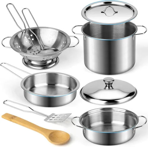 Miniatura 3 de Juboury Juego de juguetes de cocina con utensilios de cocina de acero inoxidable, utensilios de cocina, delantal y sombrero de chef, cortar verduras